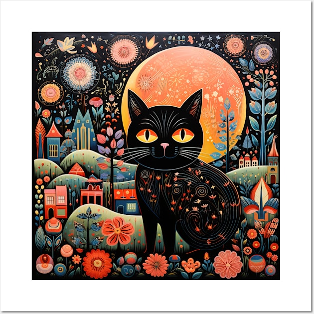 Surrealistic Folk Art Dark Floral Motif Black Cat Design Wall Art by The Little Store Of Magic